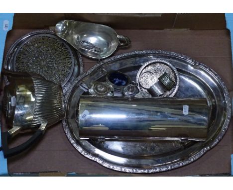 A box of silver plated ware, to include a teapot, a sauceboat, a serving tray, a cruet set etc 