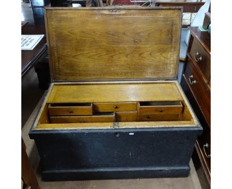 A Victorian stained pine carpenter's tool chest with fitted interior, W98cm, H49cm, D54cm 