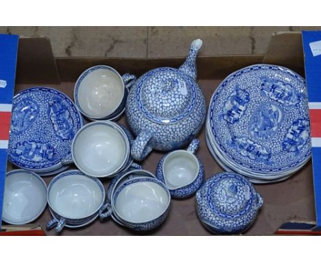 Adams blue and white printed tea service with chinoiserie decoration, including teapot 