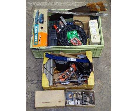 A box of various hand tools, a Black &amp; Decker sander etc 