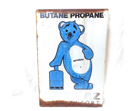 A French Vintage Butagaz Butane and Propane blue and white enamel double-sided advertising sign, height 66cm 