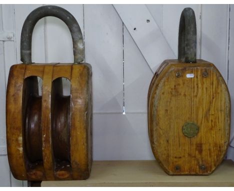 A pair of Vintage Dutch pine pulley blocks, bearing plaque for FA.W Roest, Holland, H60cm 