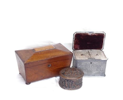 An Antique silver plated rectangular tea caddy, an Edwardian mahogany tea caddy, and an Italian silver plate on copper lidded