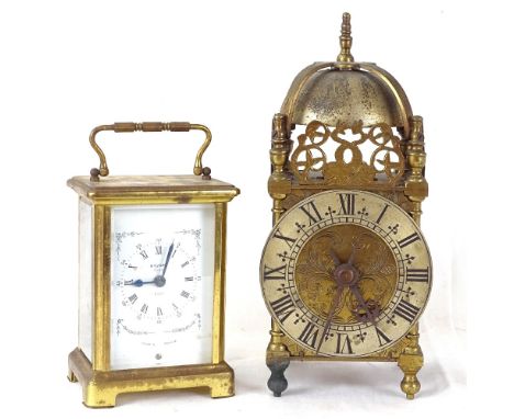 A brass-cased miniature lantern clock, and a Bayard brass carriage clock, lantern height 20cm (2) 