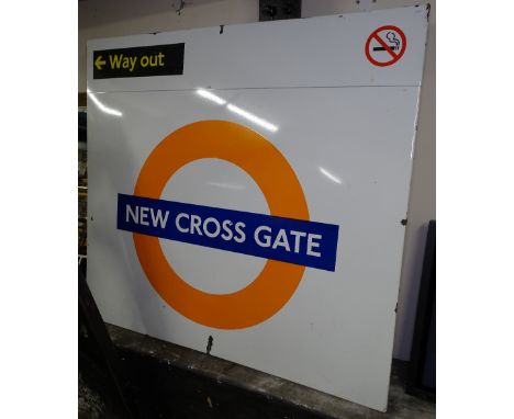 A large enamelled London Overground railway sign, "New Cross Gate Way Out", 140cm x 128cm 