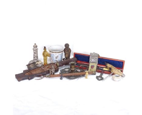 Various collectables, including brass chamber stick with inset floral panels, Ethnic dagger, enamel Coronation beaker, extend