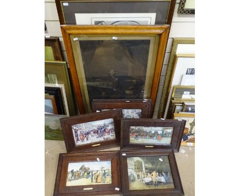 Maple-framed portrait, 6 oak-framed coaching scenes, and another (8) 