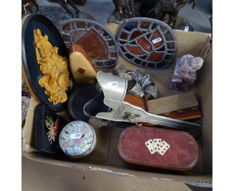 Leather-cased playing card and counter games box, fisherman's cosh, pair of stained glass panels, cloisonne jar etc 