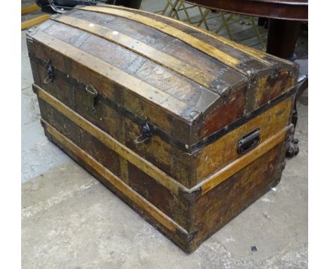 A 19th century steel and slat-bound dome-top trunk, W91cm 