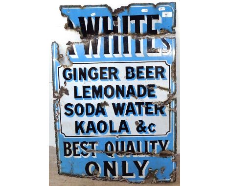 A Vintage White's Ginger Beer and Lemonade blue white and black enamel advertising sign, height 76cm (A/F) 