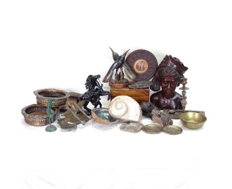 Various metalware and carvings, including Australian military brass ashtray, lustre seashells, tea caddy, wine coasters etc 