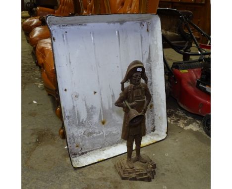 A large Vintage enamel shallow tray, L72cm And fire companion set