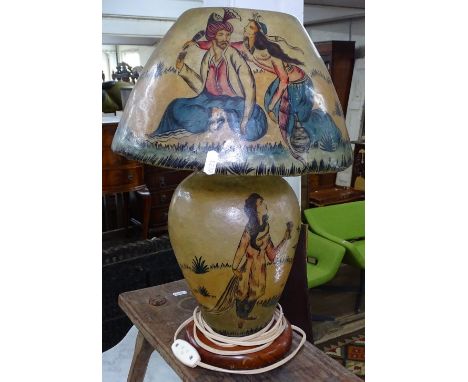 An Bulls bladder skin hand painted table lamp and shade 