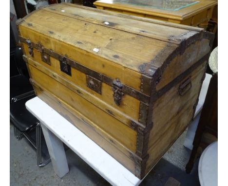 A Victorian steel and slat-bound dome-top trunk, W92cm 