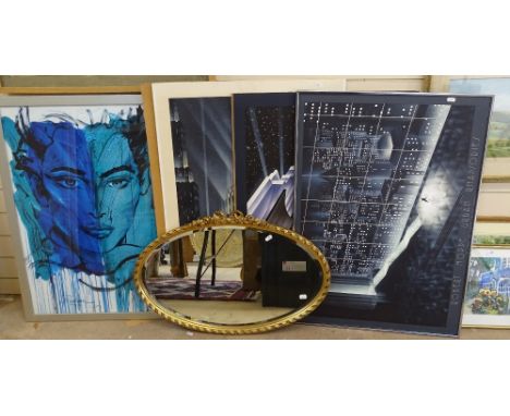 3 Robert Hoppe prints, and another, largest height 86cm overall, and an oval gilt-framed wall mirror (5) 
