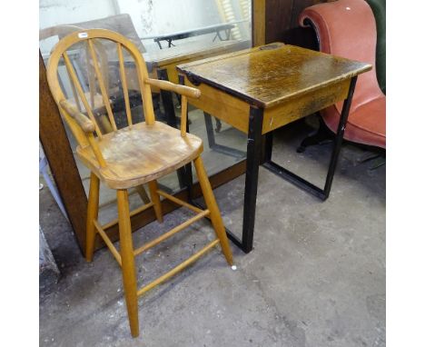 A Vintage single school desk, and a beech child's highchair 