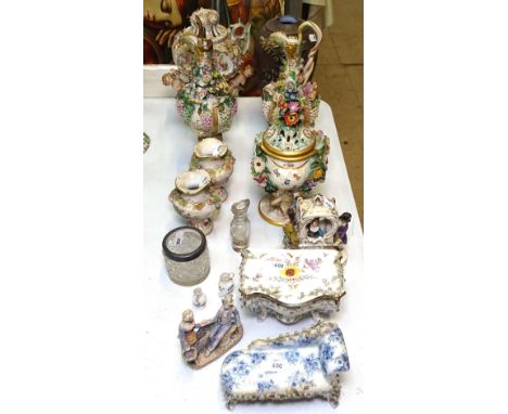 Continental porcelain trinket box, ewers, Mettlach vase etc 