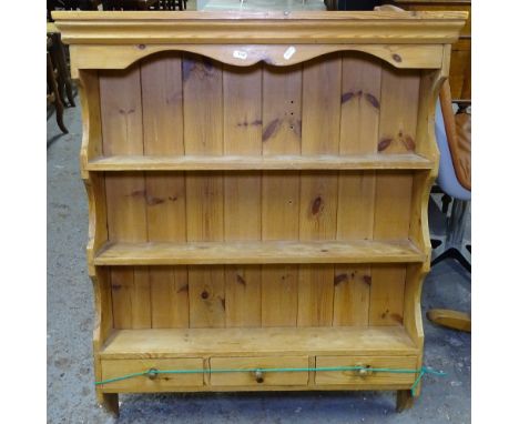 A pine hanging kitchen shelf unit with 3 spice drawers, W77cm, H94cm 