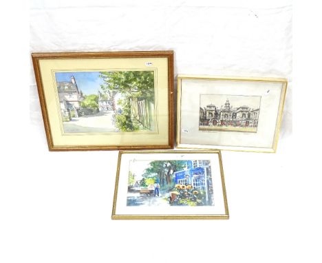 R C Bowyer, watercolour, summer garden, 22cm x 30cm, Terry Duggan 1992, street scene, and Horseguards print, by Graham Clilve