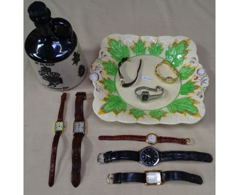 A 102 Fd 21st Anniversary Port bottle, group of wristwatches and a Clarice Cliff dish 