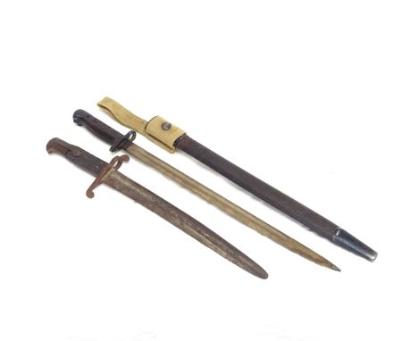 A First War Wilkinson 1907 pattern bayonet and scabbard, and an M1878 bayonet, Wilkinson blade length 44cm (2) 