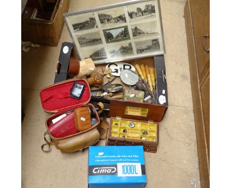 A large Ausonia kitchen knife, a Vintage camera tripod, chisels, framed local postcards, camera equipment etc 