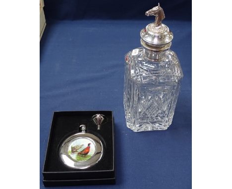 A cut glass glass Whisky decanter with silver mounts and horse-head finial, and a chrome plate hip flask, boxed 