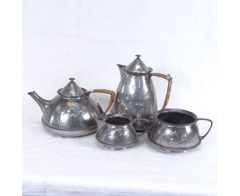 A Liberty and Co. Tudric  Arts and Crafts 4-piece English pewter tea and coffee set, by Archibald Knox, hand planished and re
