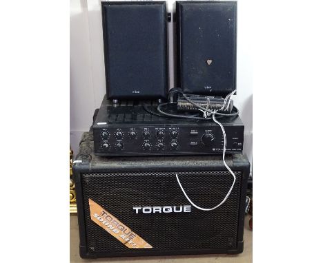 A pair of Torque speakers and wall brackets, a pair of Eltax speakers, and a TOA PA amplifier model A-1724 