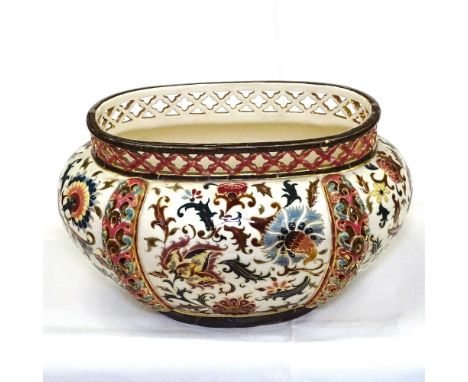 A Zsolnay Pecs Hungarian reticulated pot with floral decoration, length 30cm 