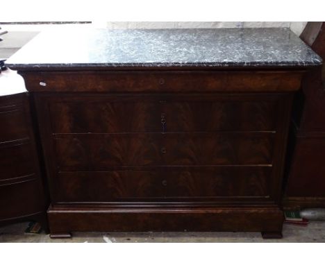 A 19th century French rosewood and marble-top commode, with single frieze drawer, and 3 further long drawers under, on shaped