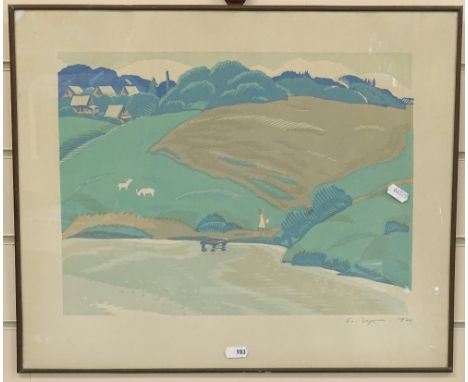 Lithograph, rural scene with cottages and goats, indistinctly signed and dated, Russian Gallery label verso 