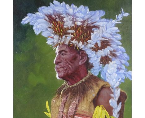 B Strauss, oil on board, Native portrait, signed, 24" x 20", and 2 other Colonial oils on canvas, signed Vanson, framed (3) 