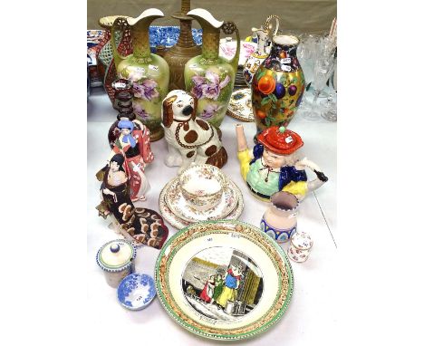 A pair of ewers, 36cm, Toby teapot, figures, decanter etc 