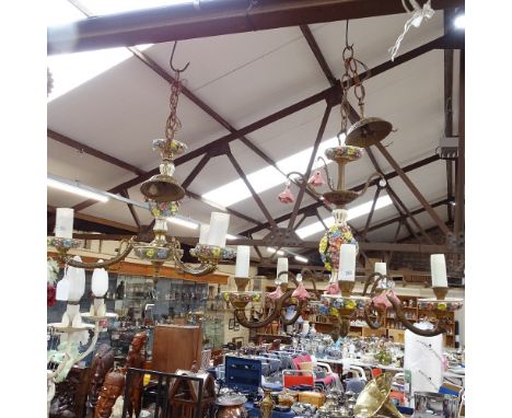 A pair of brass and painted floral ceramic chandelier, with ceramic rose drops, largest diameter 45cm 