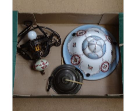 A floral painted porcelain hanging ceiling light bowl, and a small wrought-iron and Delft ceramic ceiling light etc 