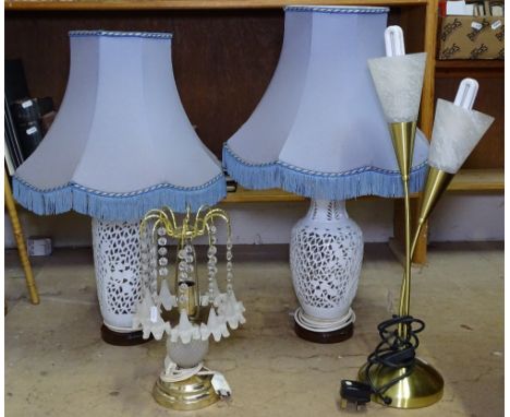 2 similar pierced ceramic table lamps with matching shades, tallest 66cm, and 2 other table lamps 