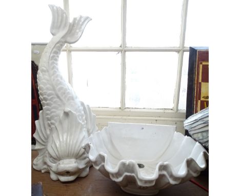 A large white painted ceramic dolphin water fountain spout and matching clam shell basin, dolphin height 66cm (2) (tail and b