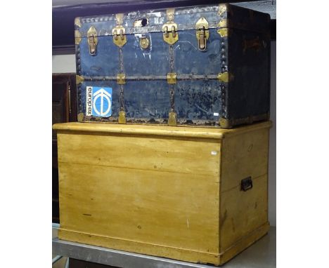 A large polished pine blanket chest, a Vintage trunk etc 