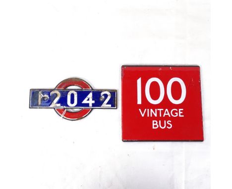 2 London Transport enamel signs, including Vintage bus plate, length 13cm 