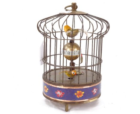 A late 20th century clockwork bird cage automaton clock, cloisonne enamelled copper waist, overall height 19cm 