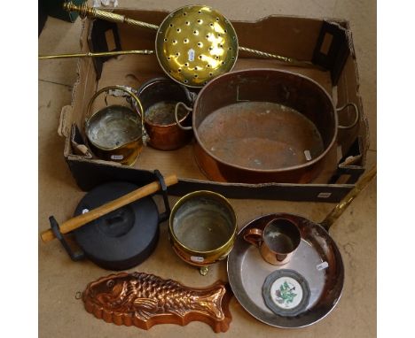 Various brass and copper, including chestnut roasting pan, fish jelly mould, pans etc 