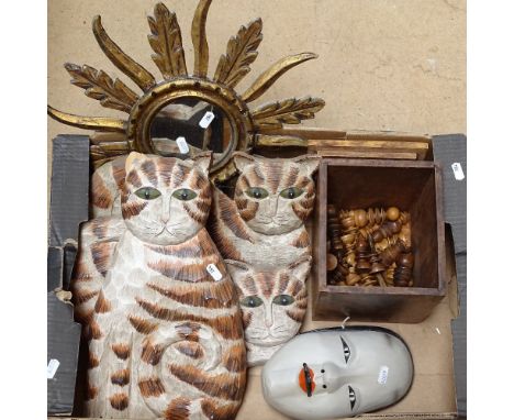 Carved and painted wood cat sculptures, rosewood chess pieces, mirror etc 