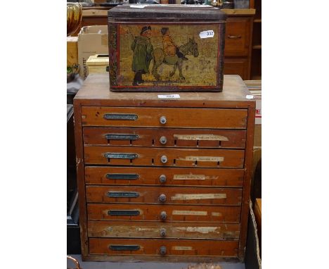 A printer's table-top letter block chest of drawers, and a Vintage Colman's Mustard tin, chest height 33cm (2) 