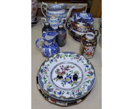 Royal Crown Derby vase, 15cm, Victorian teapot and sucrier, 2 sauce tureens, and ironstone plates etc 