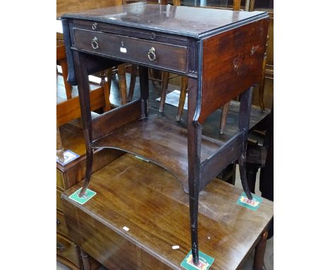 An Edwardian mahogany dropleaf side table, with slide and single frieze drawer, shaped shelf below, on splayed legs, W56cm, H