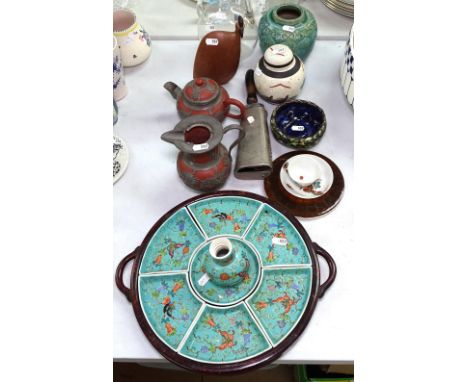 A group of Oriental items, including a metal-clad redware teapot and matching jug, 13.5cm etc 