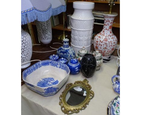 Oriental table lamp, West German vase, 46cm, Oriental items, mirror etc 
