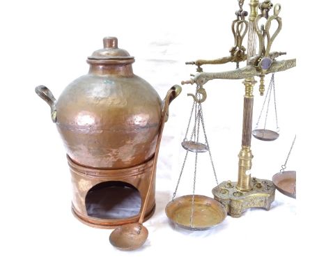 A Middle Eastern copper and brass 2-handled urn with burner stand and ladle, urn height 30cm 