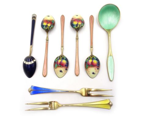 Two Norwegian silver-gilt and enamel serving forks by David Anderson, four Norwegian silver-gilt and enamel coffee spoons, wi